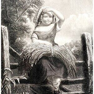 1859 Girl Waiting At Stile On Farm Steel Engraving Victorian Art DWY5D